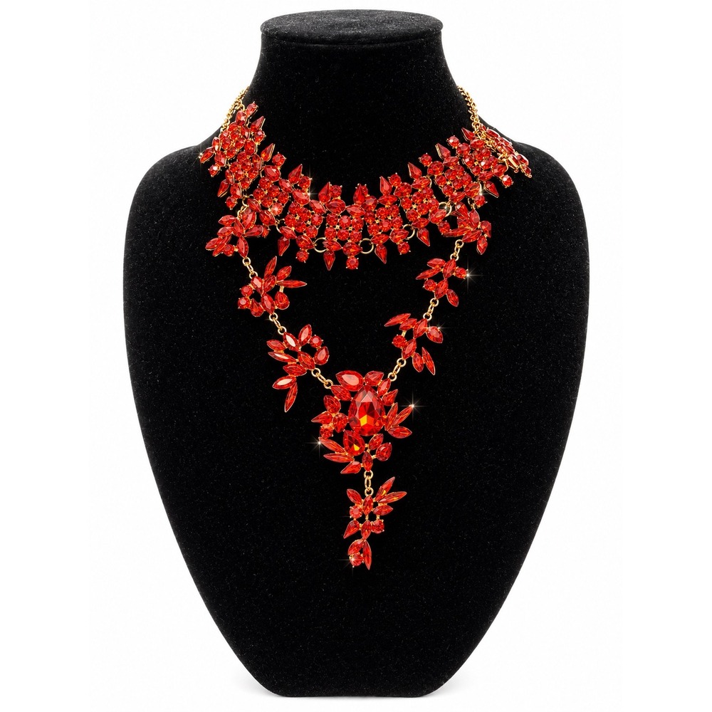 ARATTA Red Crystal Statement Bib Necklace Gold Tone Y-Drop Floral Choker
